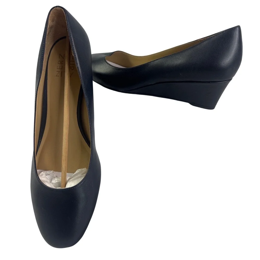 Naturalizer Pilar Navy Blue Leather Wedge Pumps Round Toe Shoes Womens 9W